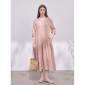 GULILI | High Intelligence French Collared Pink Linen Dress Long