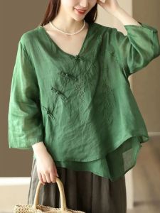 Retro Embroidered Cotton Linen Shirt Womens Spring Summer New Style Hanfu Small Shirt Ethnic Style V-neck Seven-sleeve Button-up