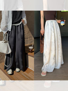 New Chinese Style Loose Wide Leg Pants Womens Loose Fit Casual Trousers Elastic Waist Ink Painting Print Summer Thin Long Pants