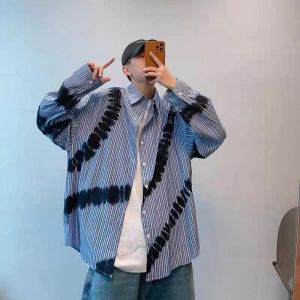 Extra Large 300 Pounds Hong Kong Style Striped Long Sleeve Shirt Mens Loose Casual Shirt Spring Autumn Trendy Brand Color Block