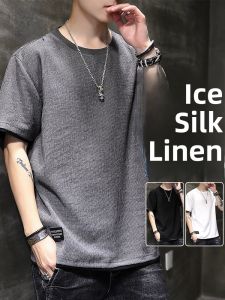 ROMON | Romon Linen T-Shirt Men Summer Thin Ice Silk Half Sleeve Loose Top Fashion Urban Print Cool Feeling Short Sleeve Round Neck