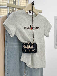 Áo Thun Cotton Tay Ngắn Màu Xám Cho Nữ Mùa Hè Dáng Ôm Trẻ Trung Cổ Tròn Tay Thường Chất Liệu Cotton Nguyên Chất Phong Cách Hàn Quốc