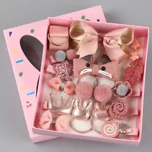 Hộp quà tặng Set 18 phụ kiện nơ kẹp tóc phong cách Hàn Quốc cho bé- kèm hộp màu hồng- Quà tặng cho bé yêu BQ003