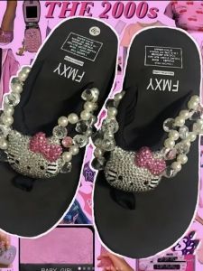 Salad Pickup Y2g Sweet Hello Kitty Thick Sole Flip Flops Diamond Slippers Summer Seaside Beach Shoes