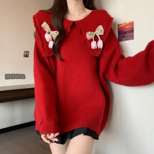 plus Size Christmas New Year Red Doll Collar Thickened Sweater Trendy Ageless Lazy Slimming Knitted Shirt for Women
