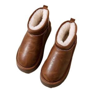 SHIPAILUO | Womens Thick Bottom Snow Boots Winter Fleece Lined Bread Shoes Leather Surface Short Waterproof Anti Slip Warm Cotton Shoes