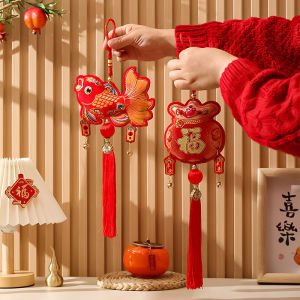 2025 New Year Decoration Spring Festival Lucky Wealth Pendant Red Velvet Chinese Knot Tassel Hanging Decor Pisces Bell Money Bag Shaped Window Door Hanging Ornaments