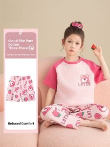 miiow | Cat Person 2025 New Childrens Summer Sleepwear Thin Breathable Short Sleeve Shorts Pants Home Clothes Three-piece Set For Girls