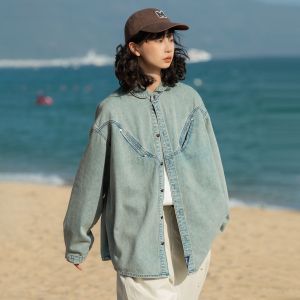 เสื้อเชิ้ตคอเหลี่ยมสีน้ำเงินซักแล้วสไตล์วินเทจญี่ปุ่น แจ็คเก็ตผู้หญิง ทรงหลวม แขนยาว ปกติ คอเหลี่ยม สีพื้น ฤดูใบไม้ผลิ 2024
