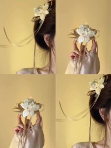 กิ๊บติดผมปักลายดอกบัวสไตล์ญี่ปุ่นและเกาหลีสำหรับผู้หญิง กิ๊บติดผมทรงฉลามหรูหราสไตล์จีนใหม่ กิ๊บติดผมแบบหน้าม้า ตกแต่งผม