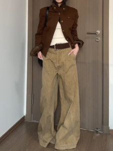 American Retro Khaki Wide Leg Jeans Women Loose Fit High Waist Slim Straight Floor-Length Pants Autumn New Style