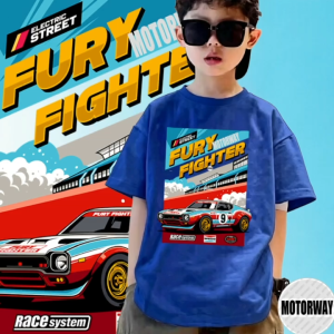 MOTORWAY K321Electric Street Fury Motorway Fighter Racing Car T-Shirt for Kids. race car graphic,Casual short-sleeved cotton shirts for boys and girls perfect for outdoor or indoor use a cool birthday gift.