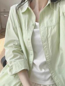 เสื้อเชิ้ตผู้หญิงแขนยาวทรงหลวมสีฟ้า ผ้าฝ้ายแท้ ทรงหลวม สไตล์ทำงาน ปกโปโล ปกโปโล เสื้อเชิ้ต ทรงหลวม