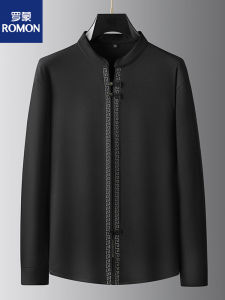 Romon Large Size Long Sleeve T-Shirt Spring Autumn Chinese Style Vintage Button Stand Collar Loose Shirt Fashionable Urban Mens Clothing