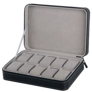 Zipper PU Leather Watch Box 6 /10/12 Grids Multi-functional Organizer Durable Case Slot Watch Box Portable Travel Zipper Case Collector Jewelry