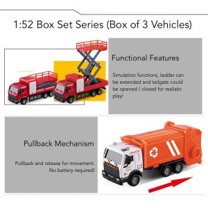 1:52 Alloy Die Cast City Sanitation Cleaning Toy Cars Garbage Truck Container Rubbish Kids Model Vehicles (Box Set of 3)