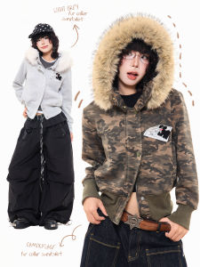 Áo Khoác Hoodie Phong Cách Retro Mỹ Có Cổ Lông Tháo Dời Được Thêu Hình Chó Con Ôm Sát Đa Năng