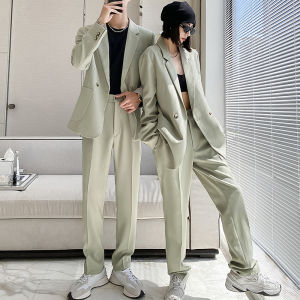 Casual Green Mens Suit Set Loose Fit Korean Style Trendy Couples Westwear Long Sleeve round Hem Youth Popular Fashion
