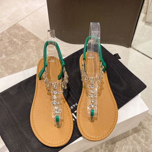 Fairy Style Flat Bottom Sandals Womens New 2025 Summer Transparent Rhinestone for Skirts Roman Beach Shoes Low Heel PU Material