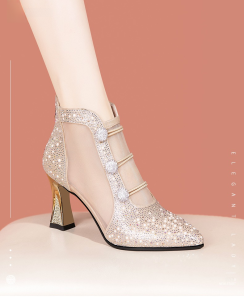Womens High Heel Sandals Mesh Covering Footwear Water Diamond Thick Heel Boots Spring Summer New Hollow out for Cheongsam Shoes