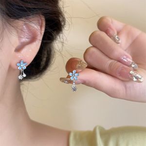 S925 Pure Silver Earrings with Blue Floral Design for Women Sweet Fresh Style Alloy Plated Gold Accessory from Japan and South Korea