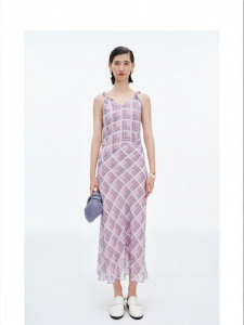 Purple Pink Plaid V-Neck Twist Shoulder Strap Dress