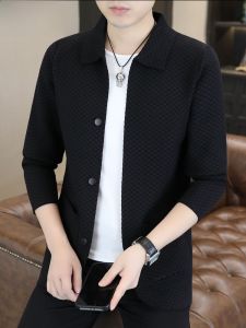 HENGYUANXIANG | Spring Autumn Knitted Cardigan Jacket Mens Pure Color Casual Turn-down Collar Administrative Style Sweater Outerwear