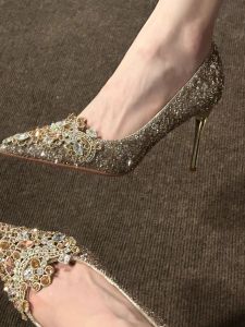 Elegant French Crystal High Heels Womens Shoes Bridal Gown Two-Way Wear Sparkling Wedding Shoes Thin Heel Single Shoe
