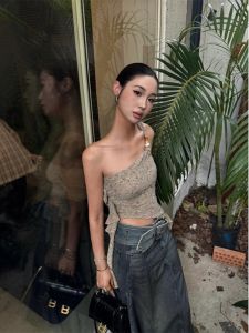 เสื้อกั๊กคอวีไม่มีแขนพร้อมโซ่หยักสไตล์เกาหลี เสื้อผ้าทำงานฤดูร้อน แขนกุด กระโปรงทรงเอ สำหรับผู้หญิงไซส์ใหญ่