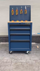 Tủ dụng cụ CSPS 61cm - 04 hộc kéo màu xanh dương mặt ván gỗ vách lưới kèm bánh xe Fbn 12cm