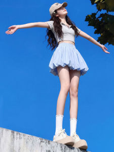 YAYANGREN | Light Blue Puffy Bud Design Small Figures High Waist A-line Skirt