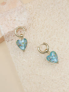 Sweet Ice Blue Heart Shaped round Earrings Fashionable Glass Material Unbranded Jewelry Accessory for Women Versatile Circle Hoops