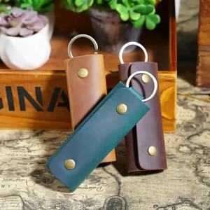 Genuine Leather Key Holder Case Vintage Leather Small Keys Organizer Pouch Key Fob Keychain with Snap Closure for Women Men