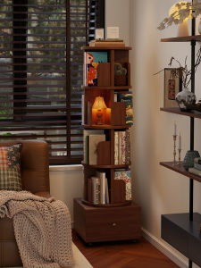 Rustic Solid Wood Floor-Standing Bookshelf Rotatable Wall-Mounted Mobile Storage Rack with Drawer Modern Minimalist Style