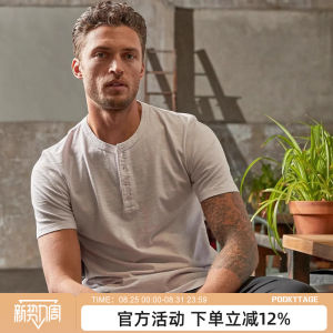Bangshu Same Style Bamboo Cotton and Linen Summer Mens Moisture-Absorbing Breathable American Henry Collar T-shirt Casual Retro Linen Short Sleeve