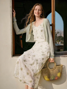 XIANGYING | Floral Print Halter Dress Set Light Green Cardigan