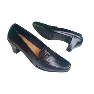 D&f 1004 | Sepatu Pantofel Heels Wanita Hitam Kulit Motif Sol Karet Tidak Licin