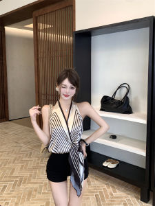 GUZILIAN | French Lazy High-End Printed Neck Hanging Vest Womens Summer Design Belt Pure Desire Shirt Loose Fit V-neck Daily Outfit