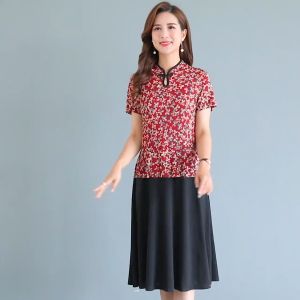 Short sleeved dress for women in summer new and improved version of cheongsam dress for middle-aged and elderly mothers vest skirt