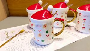 Ly sứ có quai nắp hình nón Noel Cốc sứ họa tiết Giáng Sinh tặng muỗng ông già Noel người tuyết bánh gấu bánh gừng Gingerbread Man-Hộp Thường