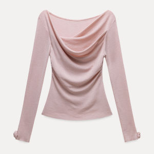 French Flutter Neckline Long Sleeve Off-Shoulder Pink Slim Fit Autumn Sweater