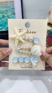 Set 3 kẹp tóc trang trí làm bằng ngọc trai và vỏ sò biển