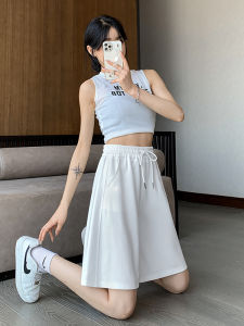Quần Short Thể Thao Màu Trắng Cho Nữ Mùa Hè Mỏng Rộng Rãi Quần Dài Năm Điểm Chữ A Quần Dài Cạp Cao Quần Dài Ống Rộng