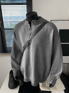 Deep Grey American Retro Style Mens Knitted Sweater Henry Collar Casual Loose Fit Long Sleeve Autumn Outerwear