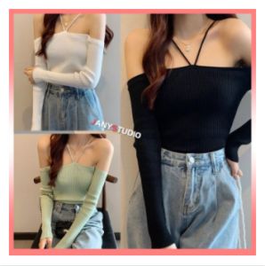 เสื้อเชิ้ตแขนยาวผู้หญิง เสื้อปาดไหล่ คล้องคอ เสื้อถักนิตติ้ง สูงและผอม แฟชั่น ความเยาว์