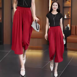 กางเกงขายาวผ้าไหมน้ำแข็งทรงหลวมเอวสูงทรงหลวมสำหรับผู้หญิง กางเกงขายาวทรงหลวมฤดูร้อน ทรงหลวม กางเกงขายาวทรงหลวม ทรงหลวม