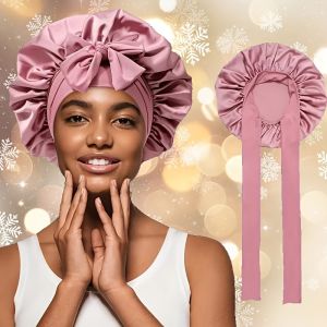 Satin Silk Like Texture Sleep Cap - Adjustable Bonnet with Tie Band for Curly Hair Soft and Breathable Comfortable Nightcap for Women Perfect Birthday Gift