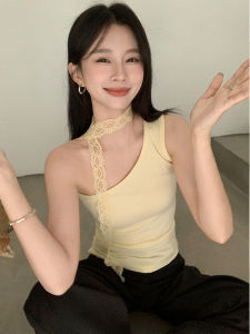 เสื้อกั๊กผู้หญิงแขนกุดคอวีสไตล์เกาหลีเซ็กซี่ไม่สมมาตรพร้อมเข็มขัดสำหรับฤดูร้อน ทรงเข้ารูป เสื้อเชิ้ตผู้หญิงสุดเทรนด์