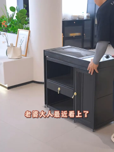Bàn trà di động kèm bếp điện mặt bàn xoay 360 độ thông minh màu đen Bàn trà phòng khách decor đẹp Tủ trà gia đình nhỏ gọn