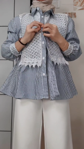 Promo!!! Arumi Blouse Salur Kombinasi Brukat Premium Kemeja Tangan Panjang Motif Stripe Terbaru